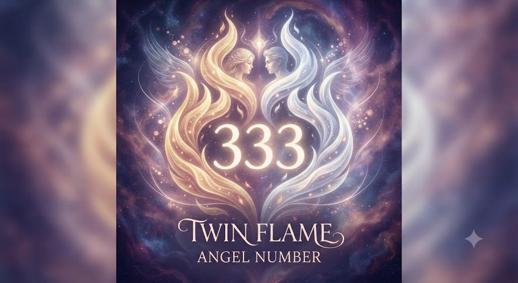 333 twin flame angel number with a mirrored flame motif