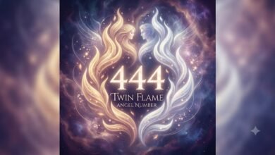 444 twin flame angel number with a mirrored flame motif
