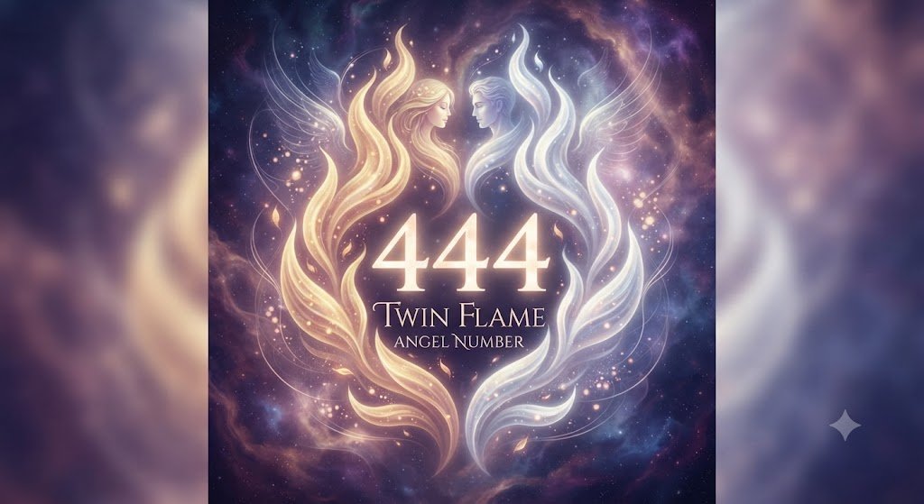 444 twin flame angel number with a mirrored flame motif