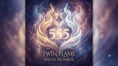 555 twin flame angel number with a mirrored flame motif