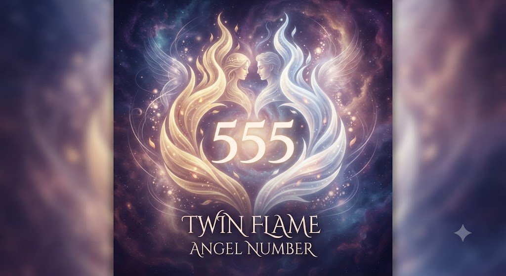 555 twin flame angel number with a mirrored flame motif