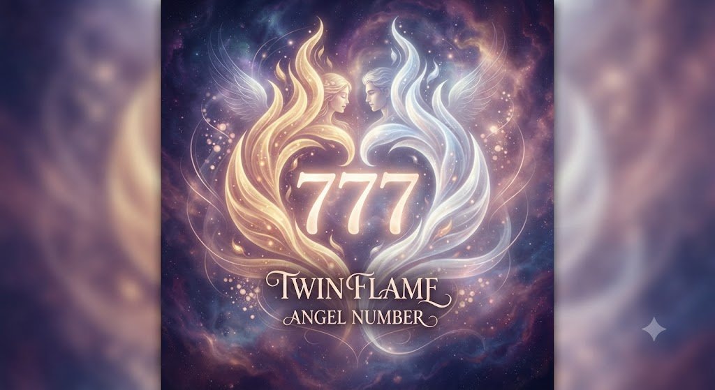 777 twin flame angel number with a mirrored flame motif
