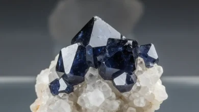 Blue-black anatase crystals on pale quartz matrix, natural museum lighting