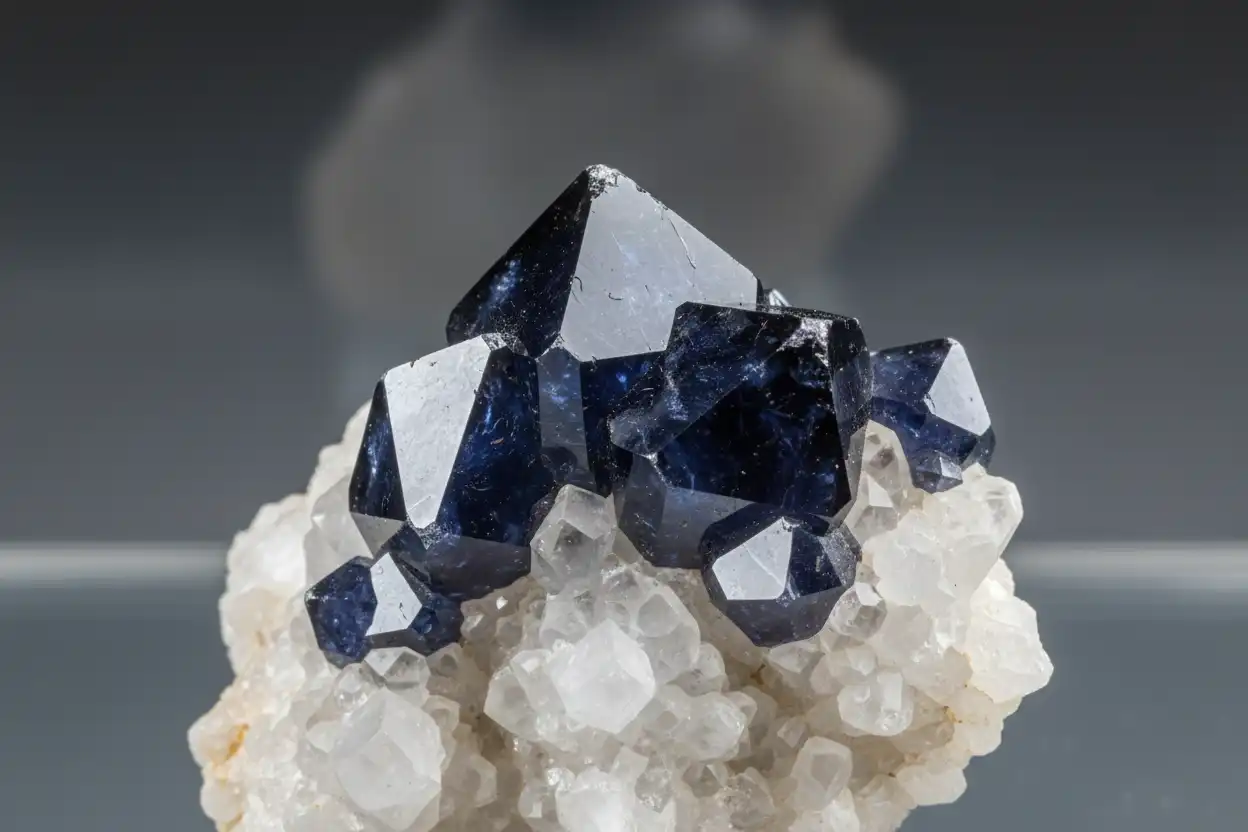 Blue-black anatase crystals on pale quartz matrix, natural museum lighting