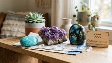 Crystals for Aquarius, including amethyst, amazonite, and labradorite