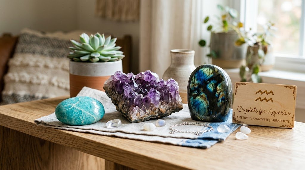 Crystals for Aquarius, including amethyst, amazonite, and labradorite