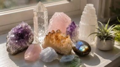 Crystals in sunlight on a windowsill