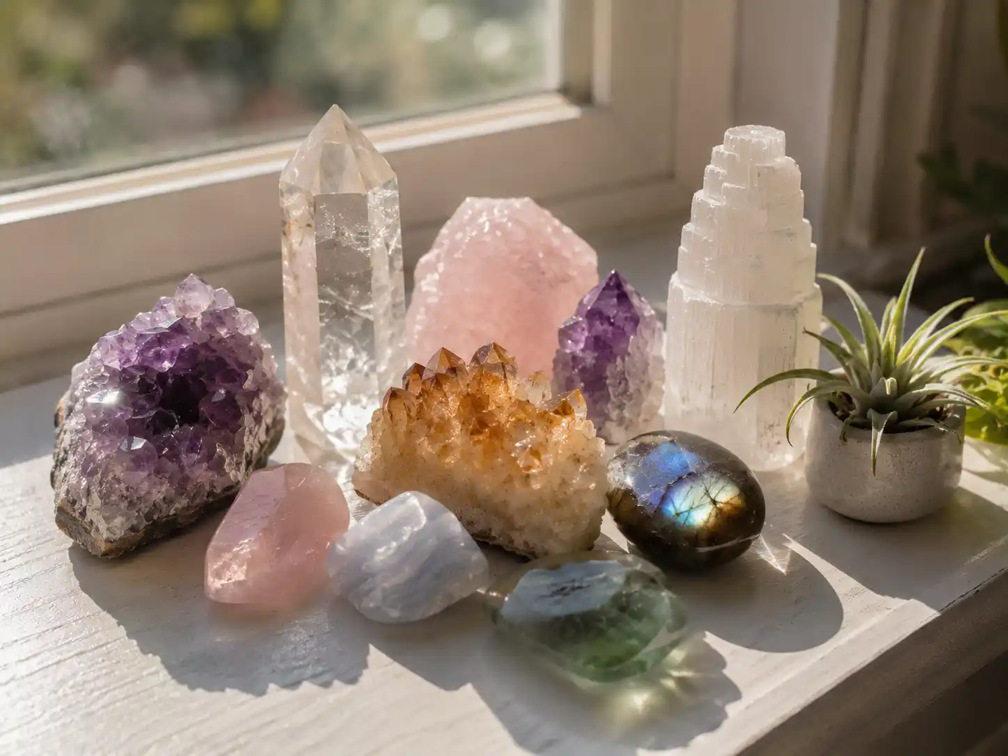 Crystals in sunlight on a windowsill