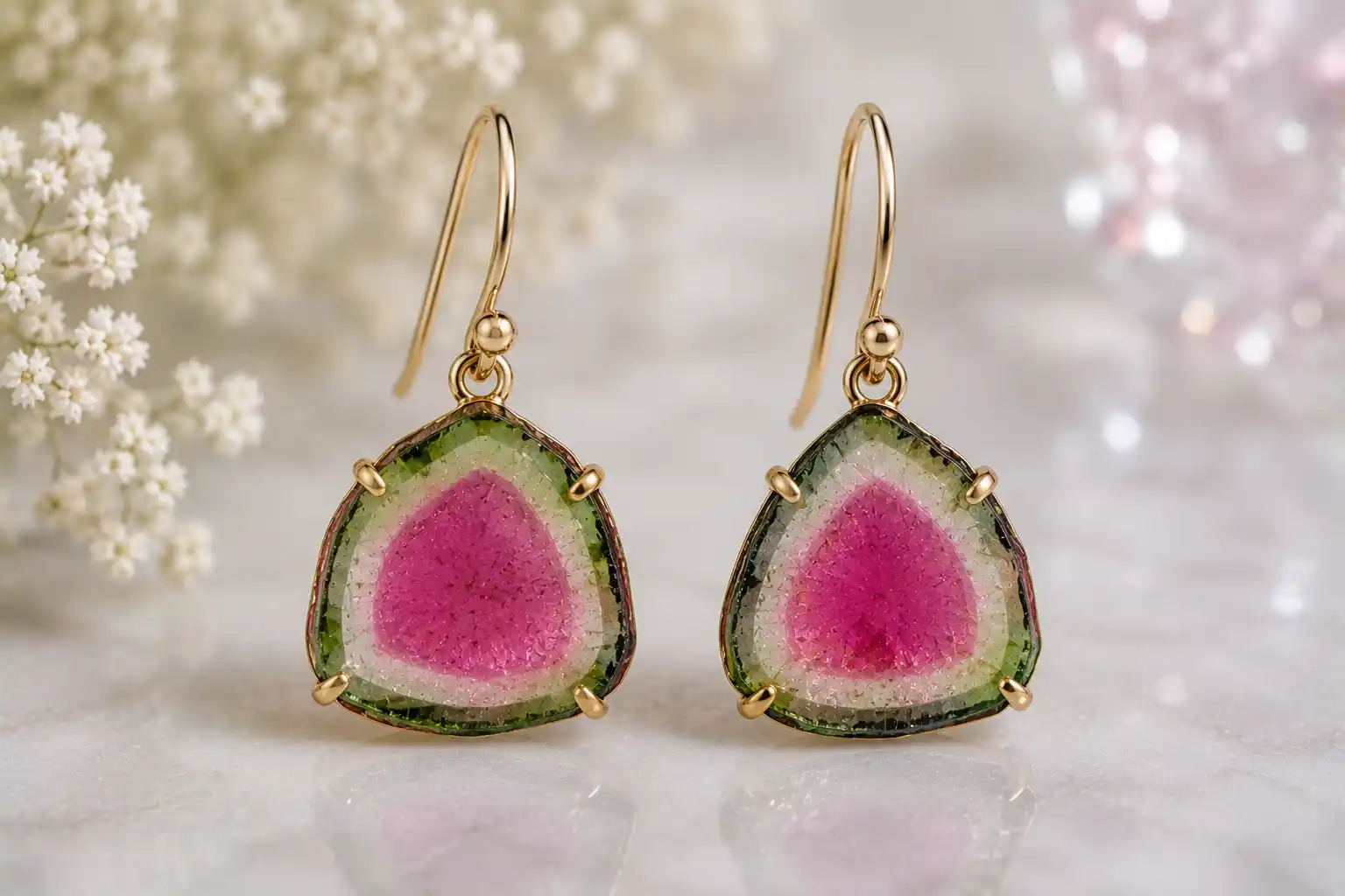 Elegant gold earrings with pink gemstones