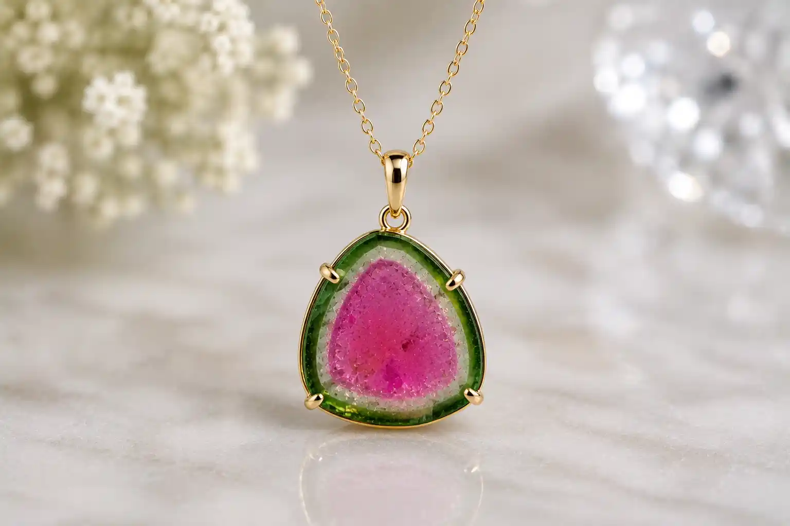 Elegant gold pendant with watermelon tourmaline