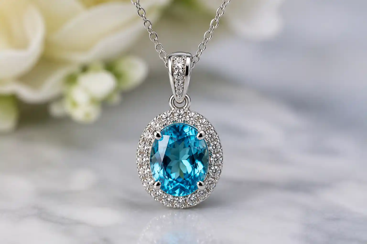 blue zircon pendant necklace on a fine chain catching the light