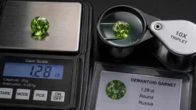 Photo of a demantoid with a loupe and gem scale