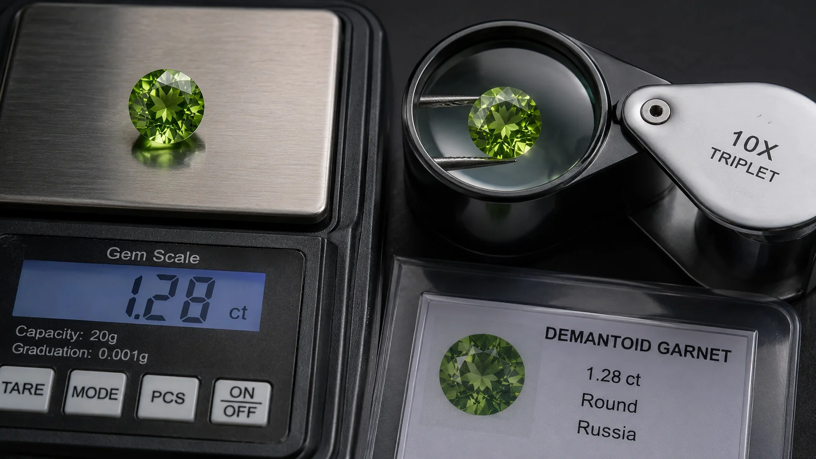 Photo of a demantoid with a loupe and gem scale