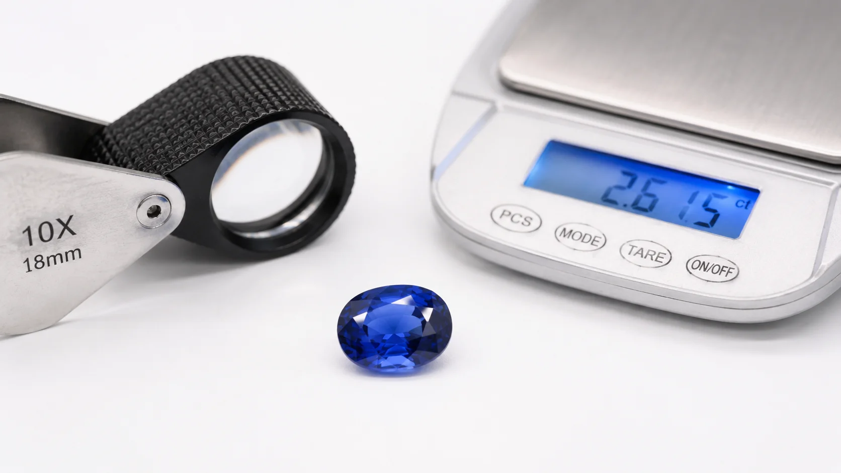 Photo of a sapphire with a loupe and gem scale