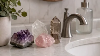 clear quartz and amethyst crystals resting beside a bathroom sink