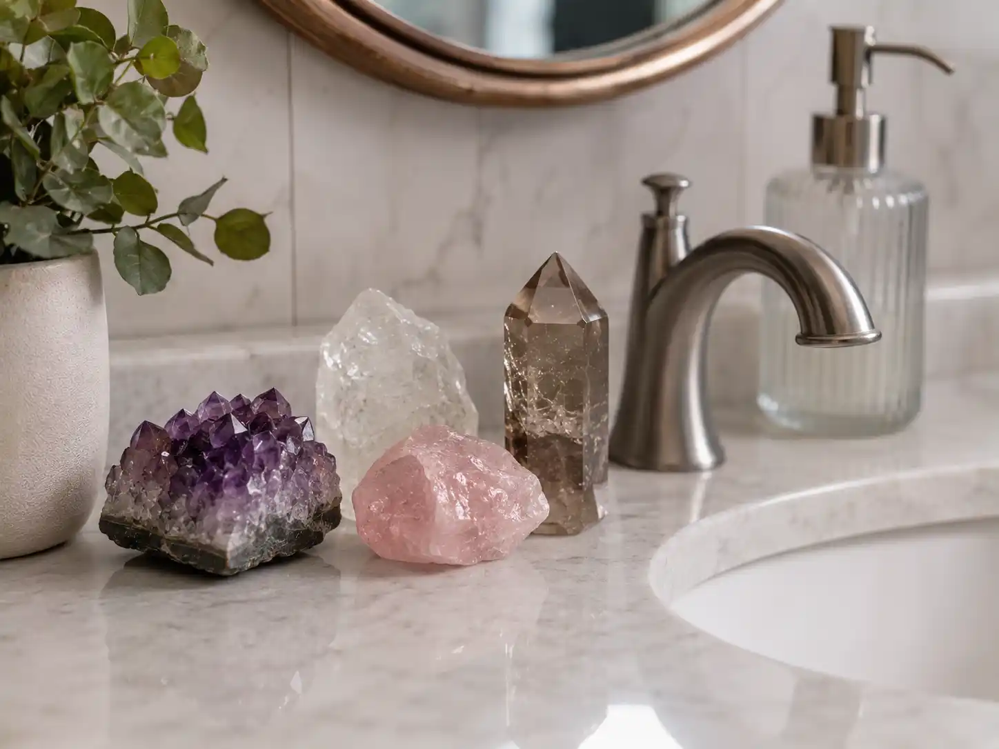 clear quartz and amethyst crystals resting beside a bathroom sink