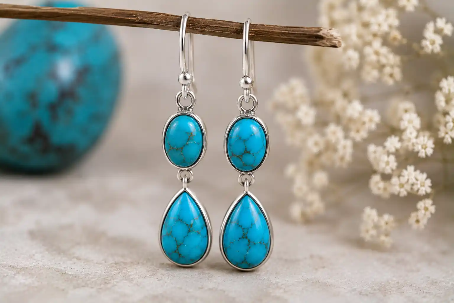 Turquoise earrings on delicate twig
