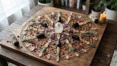 a crystal grid with a central point surrounded by stones on a geometric pattern