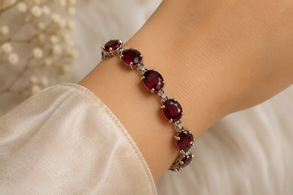 a deep red garnet bracelet on a wrist
