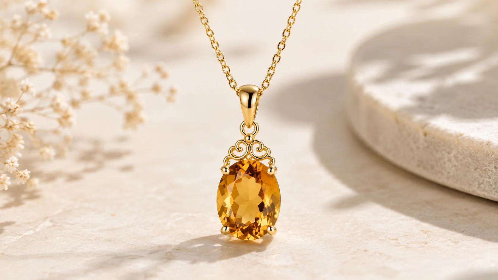 a golden citrine pendant on a chain