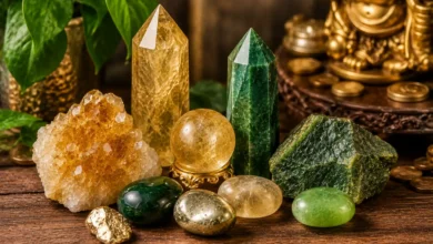 a group of gold and green success and prosperity crystals