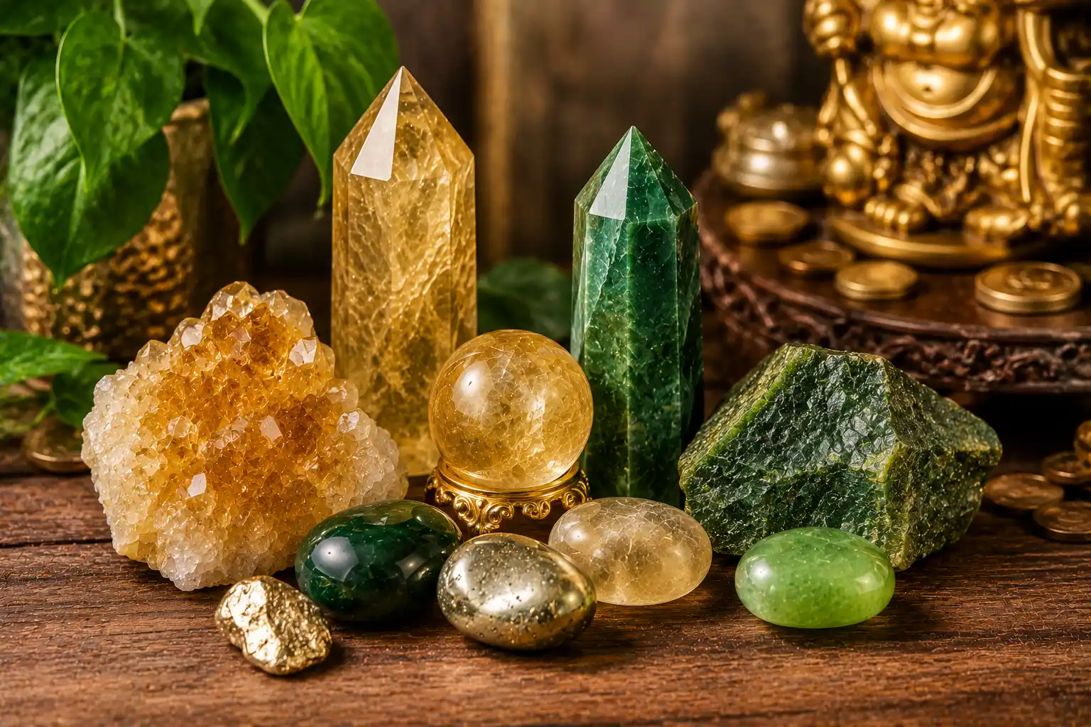 a group of gold and green success and prosperity crystals