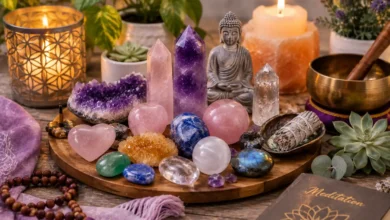 a group of meditation crystals arranged on a calm surface