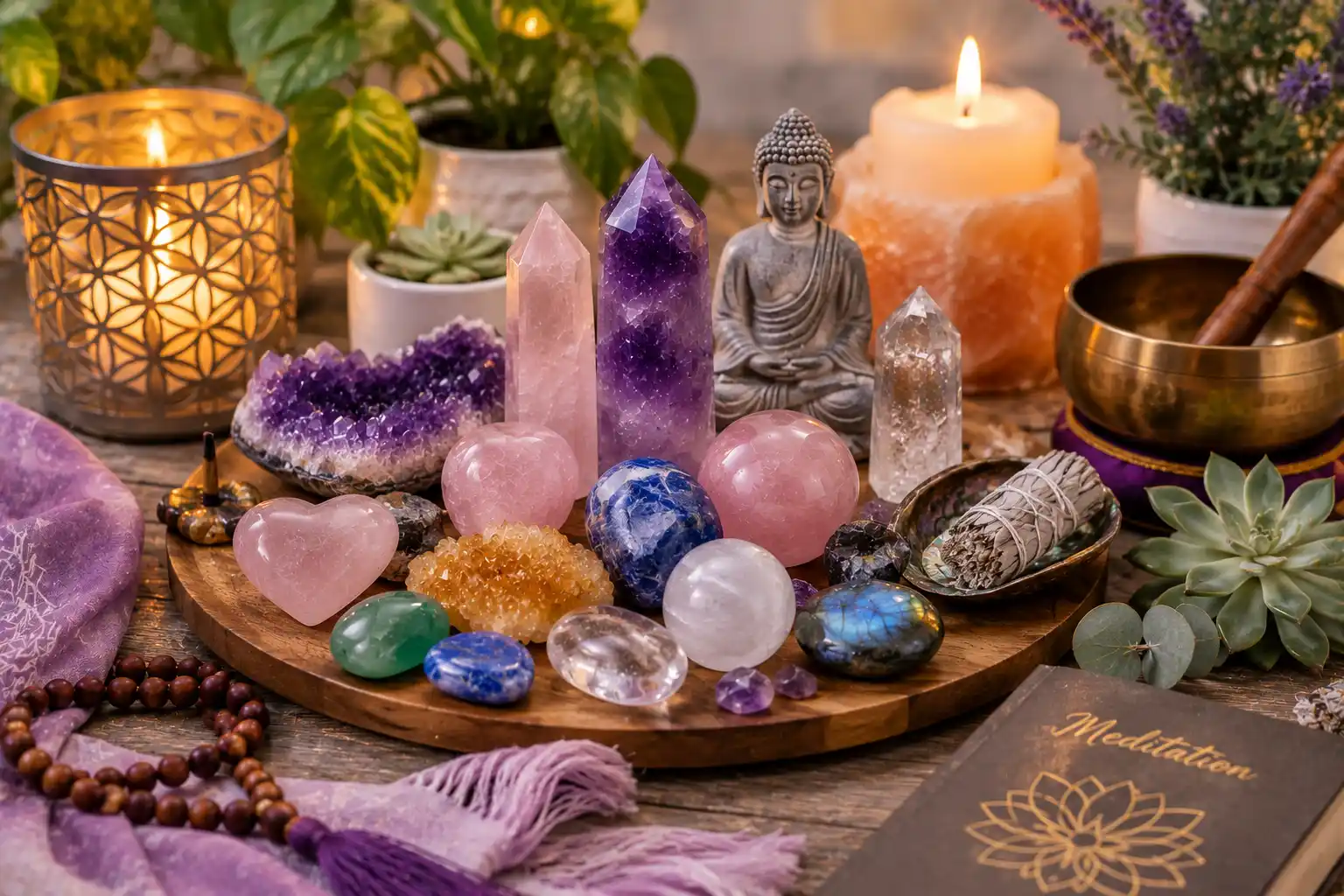 a group of meditation crystals arranged on a calm surface