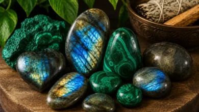 a group of transformation crystals including malachite and labradorite