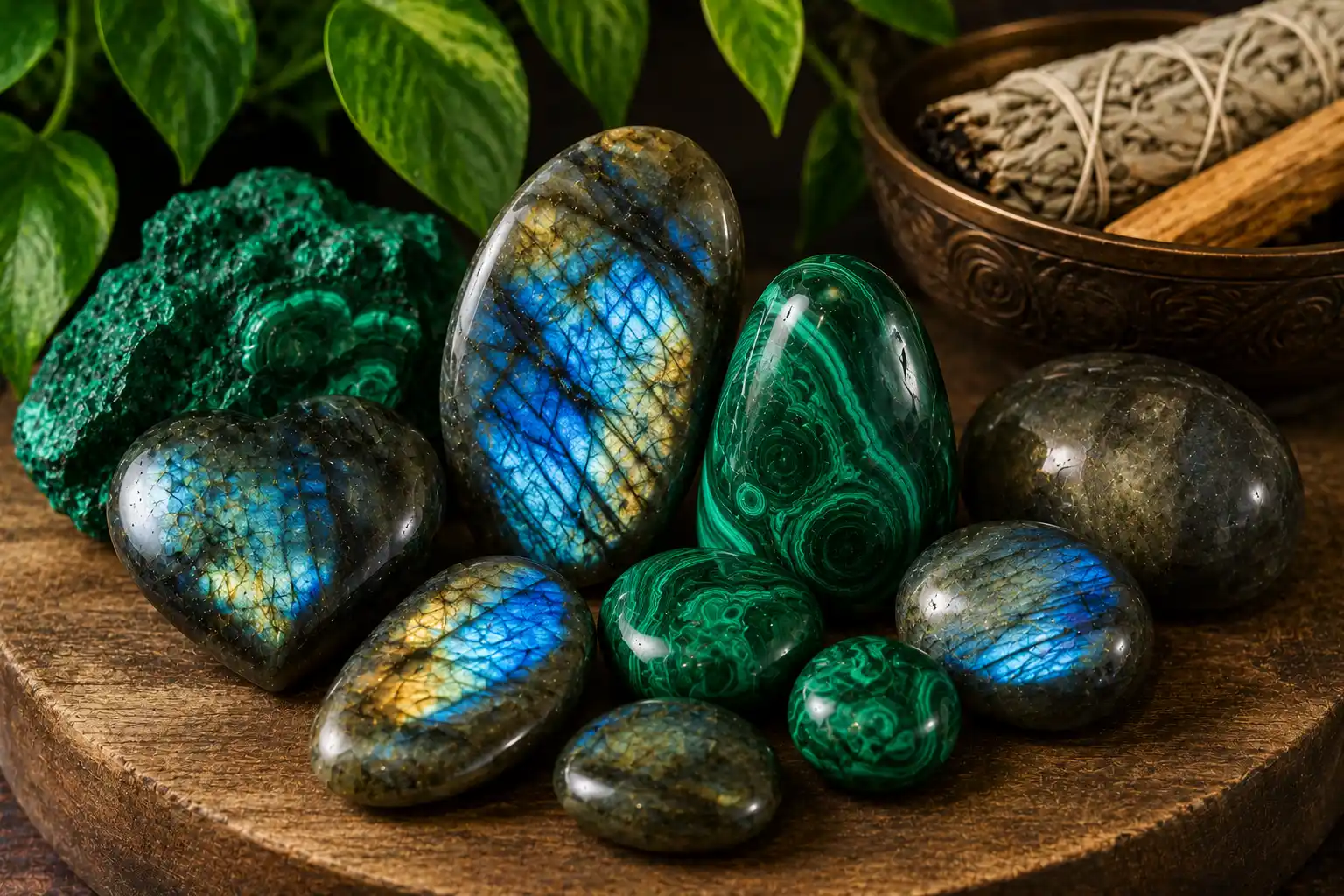 a group of transformation crystals including malachite and labradorite