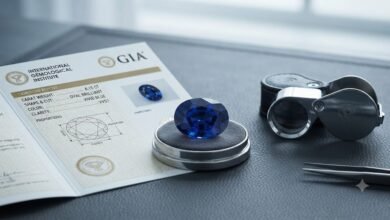 a loose gemstone beside a gemological lab certificate and a loupe