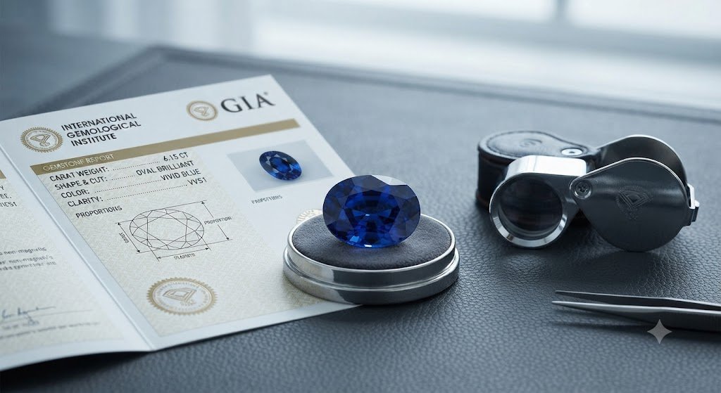 a loose gemstone beside a gemological lab certificate and a loupe