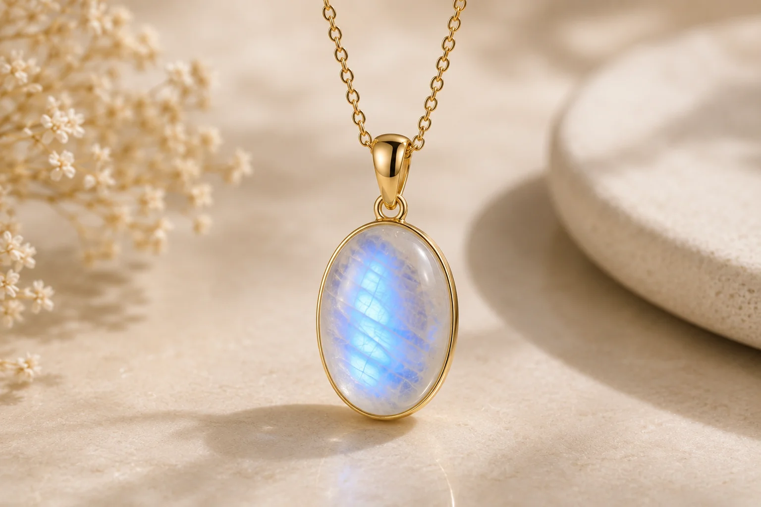 a moonstone pendant showing blue adularescence