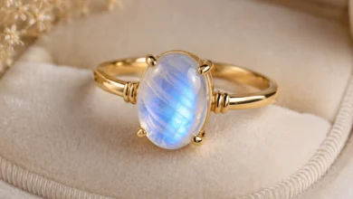 a moonstone ring showing blue adularescence