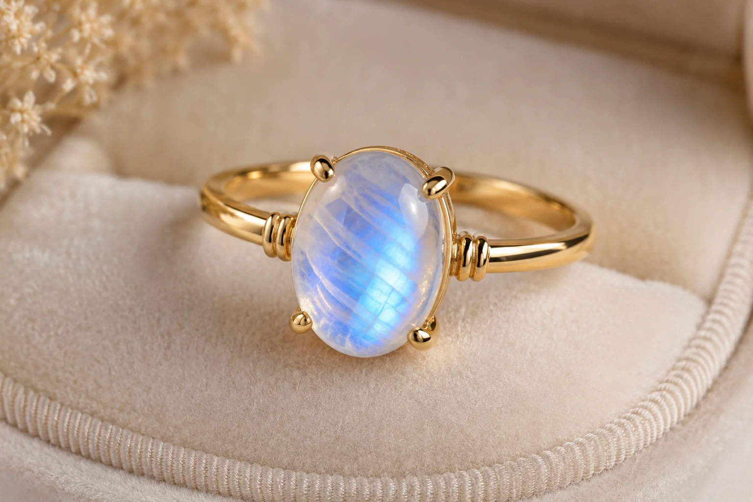 a moonstone ring showing blue adularescence