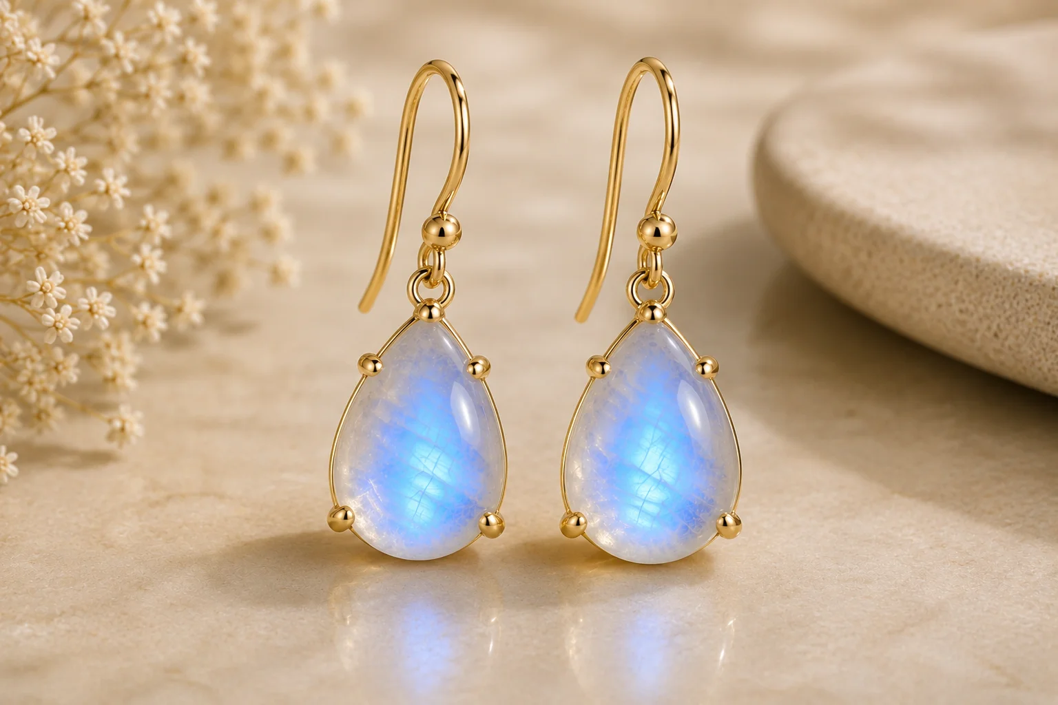a pair of moonstone drop earrings glowing blue