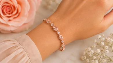 a peachy-pink morganite bracelet on a wrist
