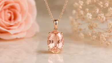 a peachy-pink morganite pendant on a chain