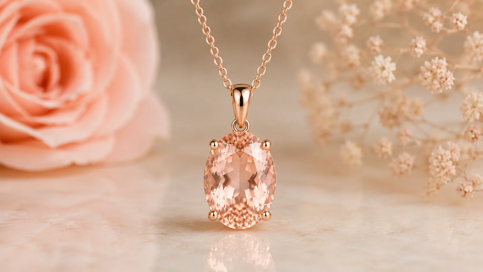 a peachy-pink morganite pendant on a chain