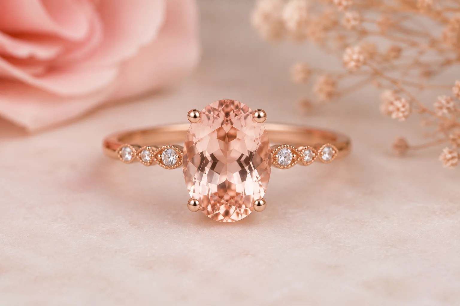 a peachy-pink morganite pendant on a chain