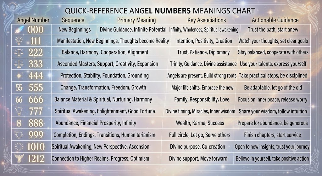 a quick-reference angel numbers meanings chart