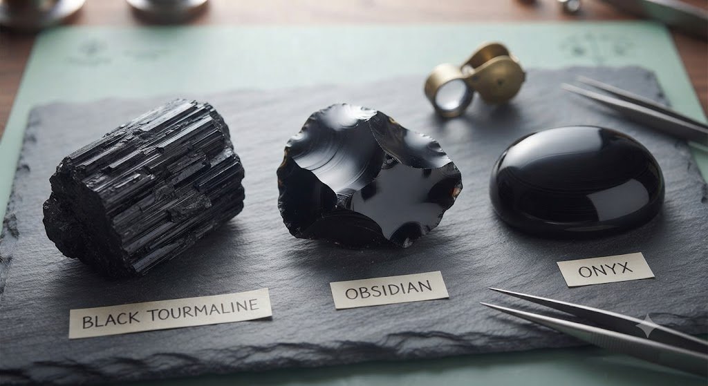 black tourmaline, obsidian and onyx compared side by side