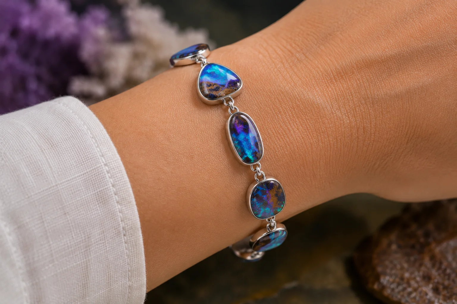 boulder opal bracelet on a wrist