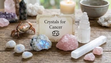 crystals for Cancer including moonstone, rose quartz and selenite
