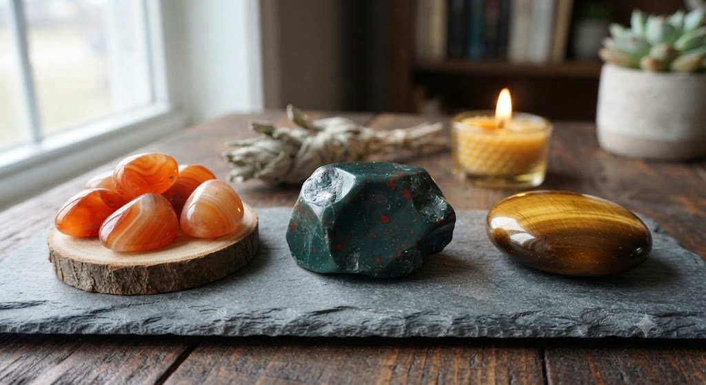crystals for courage including carnelian, bloodstone and tiger's eye