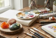 crystals for creativity including carnelian, sunstone and labradorite beside art supplies