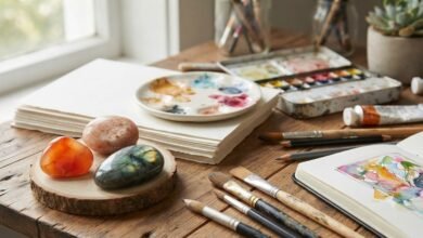 crystals for creativity including carnelian, sunstone and labradorite beside art supplies