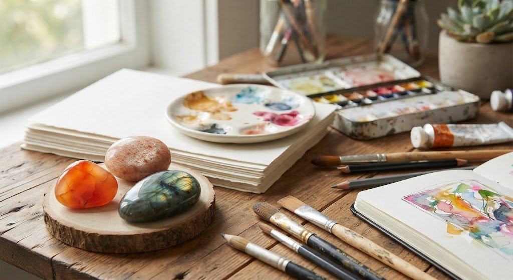 crystals for creativity including carnelian, sunstone and labradorite beside art supplies