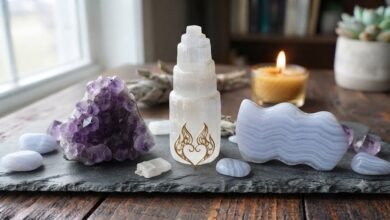 crystals for inner peace including amethyst, selenite and blue lace agate