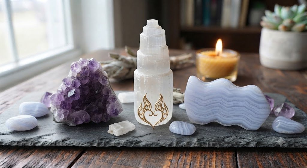 crystals for inner peace including amethyst, selenite and blue lace agate